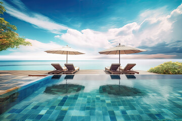 Obraz premium Vacation luxury resort with a swimming pool ,hammock and umbrellas. Ai generative