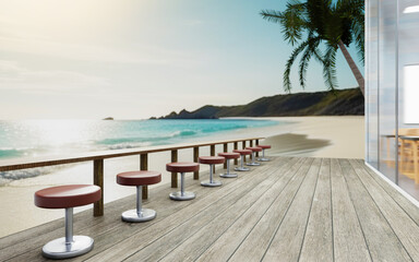 Long table, made of wood, on the restaurant terrace, on the beach, blue sea, sandy beach, blue sky, white clouds, bright. Seats by the beach from the restaurant. 3D rendering