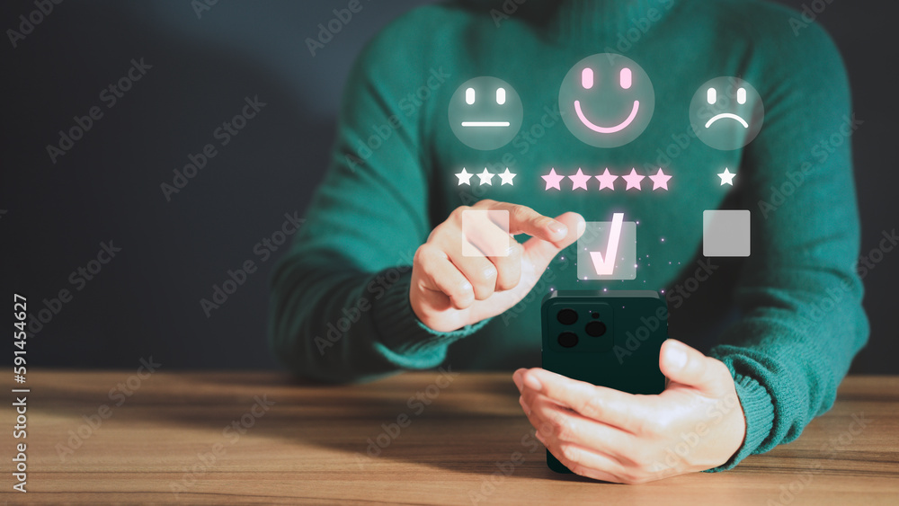 Poster customer service experience assessment and business satisfaction survey. man hand using a mobile pho