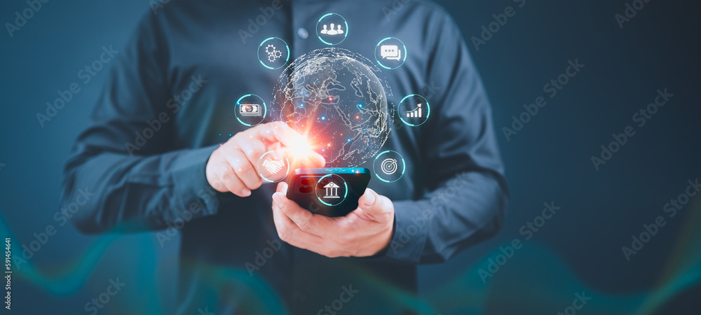 Poster Businessman using a smartphone to conduct various transactions via internet. Business global internet connection application and digital marketing, Financial and banking, link technology and big data.
