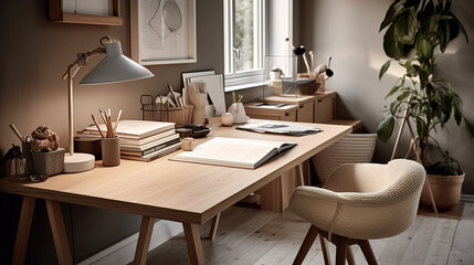 Home office. A desk with a chair, lamp, and books on it