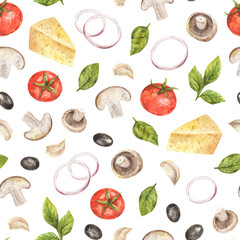 Watercolor seamless pattern with pizza ingredients. Hand-drawn texture with tomatoes, cheese, mushrooms, basil, olives and onion.