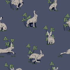 Powtarzalny leśny wzór. Zające i koniczyna. Dzikie króliki na niebieskim tle. Ilustracja wektorowa.