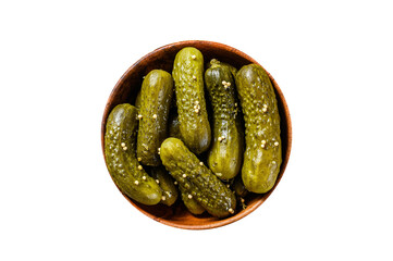 Marinated cucumbers gherkins in wooden plate. Pickles with mustard and garlic.  Isolated,...
