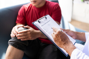 Doctor for chiropractic, rehabilitation or knee orthopedic health care. Medical, exercise and treatment work with patient and man for consultation.