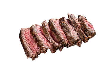 Grilled sliced flank steak with seasonings and spices.  Isolated, transparent background