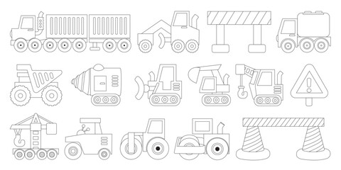 Construction Heavy Equipment Icons, Complete Set of Vector Illustrations Including Excavators, Cranes, Bulldozers, Loaders, Dump Trucks, and More, Ideal for Construction Companies and Equipment Ma