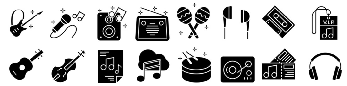 Music icons vector set. musical instruments illustration sign collection. sound symbols.