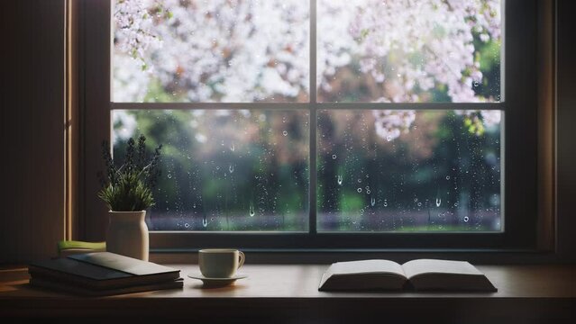 Cherry blossoms outside the window on a spring day, rain falling on the cafe window and flowing raindrops, books and coffee, and the relaxing sound of rain ASMR
