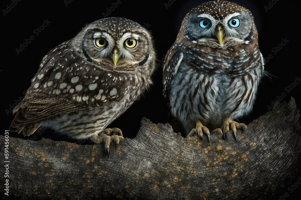Poster two owls perched on a tree branch. generative ai
