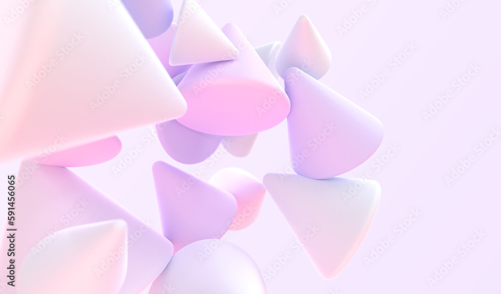 Poster abstract background with geometric shapes 3d render. holographic cones with matte gradient texture, 