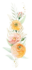 Bouquet made of orange and yellow watercolor flowers and green leaves, isolated wedding illustration