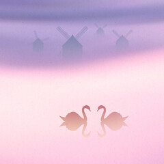 Swans on lake. Romantic birds couple silhouette. Old windmill in fog