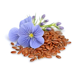 Flax seed and flax flowers closeup on white backgrounds.Ai generated. Illustration - obrazy, fototapety, plakaty