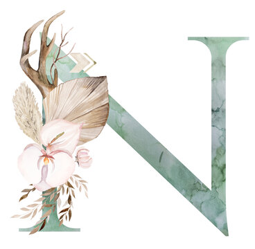 Watercolor green letter N with antlers, dried leaves and tropical flowers bouquet, Boho illustration