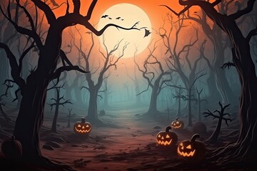 Halloween background Spooky forest with dead trees and pumpkins
