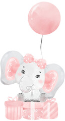 Cute adorable pink baby girl elephant animal watercolor cartoon  illustration 