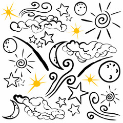 Hand Drawn vector elements - Good night (sleeping moon, stars, clouds). Illustrations in sketch style. Perfect for prints, postcards, posters etc