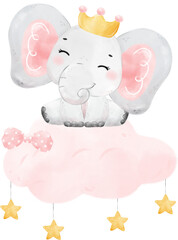 Cute adorable pink baby girl elephant animal watercolor cartoon  illustration 