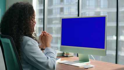 Fototapeta premium Positive person studying online at mockup videocall. Boss conducting meeting