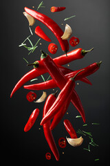 Falling red chili peppers, garlic, and rosemary on a black background. - obrazy, fototapety, plakaty