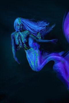 Female sea creature with four eyes and a mermaid tail, bioluminescent in the dark sea depths