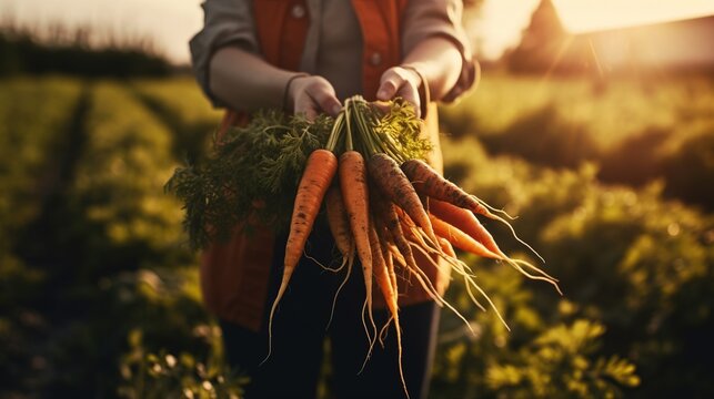 Generative AI, vegetables in the hands of a woman farmer in the garden, carrots from the ground, a good harvest of eco products.