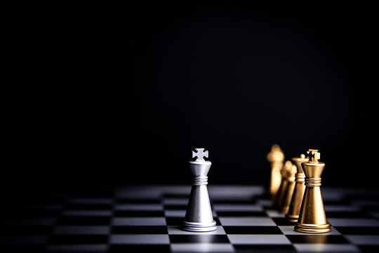 Strategic planning and leadership. Chess game on black and white background. Concept of business showing leadership, decision making, brainstorming with copy space for text.