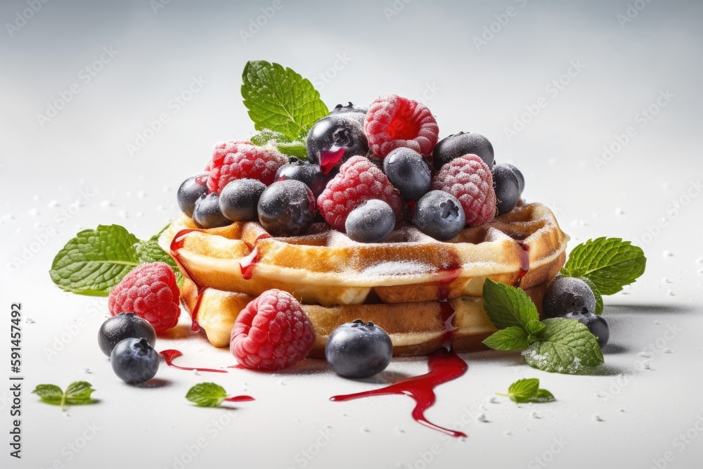 Wall mural Belgian waffles with raspberries and blueberries, mint and syrup. Generative AI