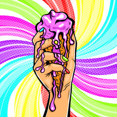 Melting pink ice cream in a waffle cone in female hand on a colored background, vector pop art fashion illustration
