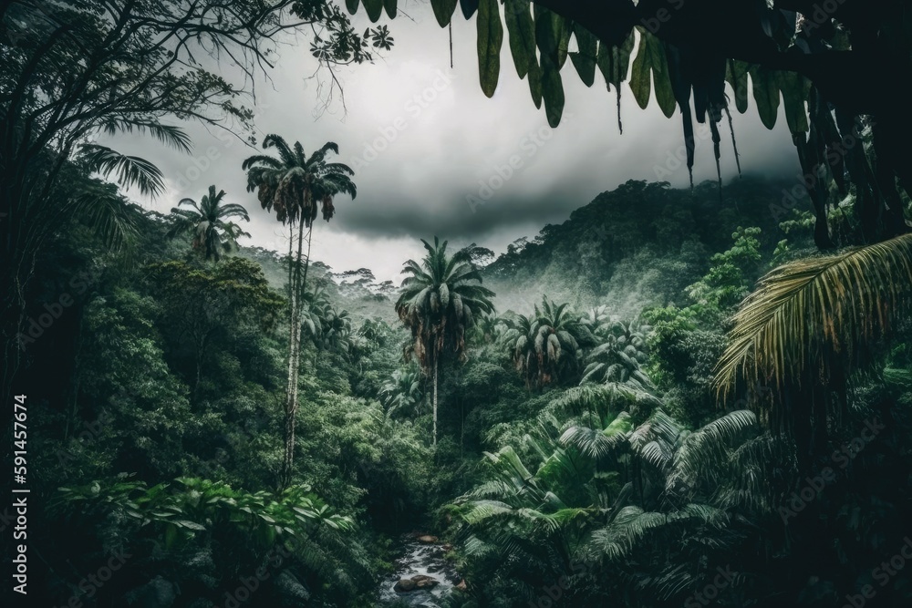 Poster lush green forest with tall trees and a small stream flowing through it. generative ai
