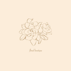 Vector floral logo. Minimal line art gardenia flower illustration. Botanical rustic logo template for a greeting card or invitation. Hand-drawn feminine logo design.