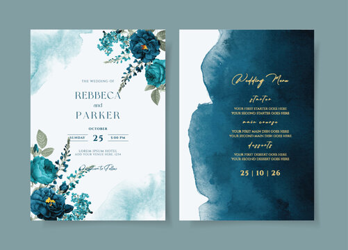 Watercolor wedding invitation template set with romantic teal navy floral and leaves decoration