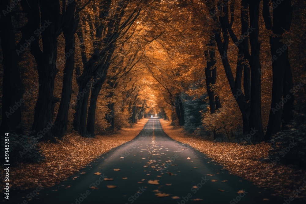 Poster scenic drive through a lush forest with trees lining the road. generative ai