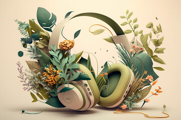 Headphones with flowers stylish device for music DJ, illustration with floral style earphones. Generative AI.