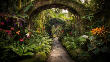 A stunning hidden fairy tale garden adorned with flower arches and a gorgeous tropical rainforest filled with vibrant foliage. Generative AI - obrazy, fototapety, plakaty