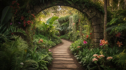 Fototapeta na wymiar A stunning hidden fairy tale garden adorned with flower arches and a gorgeous tropical rainforest filled with vibrant foliage. Generative AI