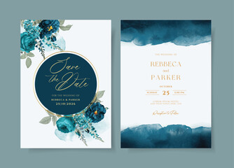 Watercolor wedding invitation template set with romantic teal navy floral and leaves decoration