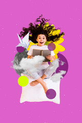 Photo collage artwork minimal picture of excited small kif reading fairytale before falling asleep isolated drawing background