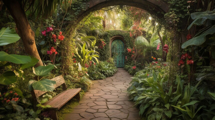 Fototapeta na wymiar A stunning hidden fairy tale garden adorned with flower arches and a gorgeous tropical rainforest filled with vibrant foliage. Generative AI