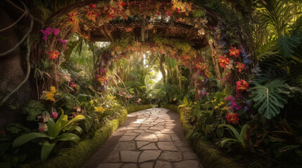 Obraz premium A stunning hidden fairy tale garden adorned with flower arches and a gorgeous tropical rainforest filled with vibrant foliage. Generative AI