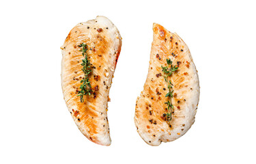 Turkey breast fillet in a frying pan. Grilled steak.  Isolated, transparent background