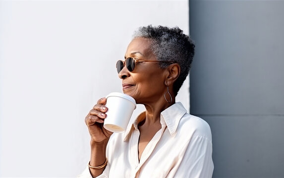 Senior older modern black dark-skinned african american woman drinking take away coffee and enjoys life. Generative AI