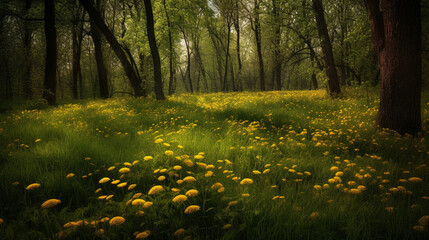 A green, lush, sprawling, warm, fresh meadow is scattered with yellow, bright dandelions, creating a delicate, beautiful carpet. Huge, delicate petals reach for the sky, reminding Generative AI