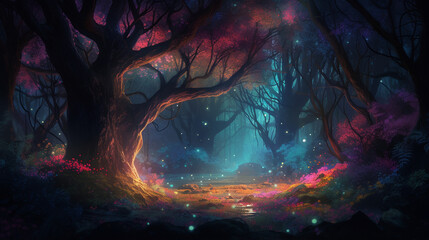 A fairy-tale beautiful, mysterious, night forest is surrounded by a magical aura and filled with unusual light. Tall, amazing trees are illuminated by a delicate, moonlight glow, c Generative AI