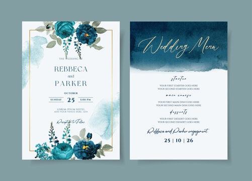 set of watercolor wedding invitation card template with teal and navy flowers