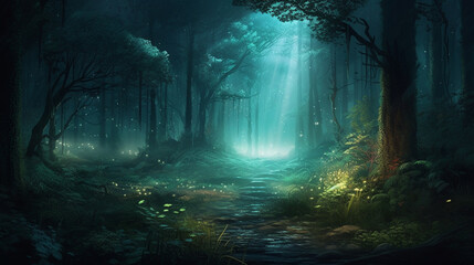 A very beautiful, mysterious, night forest is surrounded by a magical aura and illuminated by bright light, creating a stunning and mesmerizing view. Tall, amazing trees and beauti Generative AI