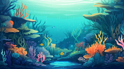 Fototapeta na wymiar Generate a very beautiful description of the ocean floor with clear water, exotic marine life, and corals in 200 words. Only leave nouns and adjectives, and separate the words with Generative AI