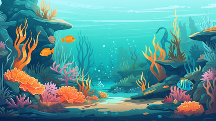 Obraz na płótnie Canvas Generate a very beautiful description of the ocean floor with clear water, exotic marine life, and corals in 200 words. Only leave nouns and adjectives, and separate the words with Generative AI