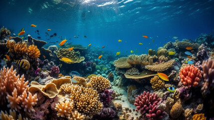 Generate a very beautiful description of the ocean floor with clear water, exotic marine life, and corals in 200 words. Only leave nouns and adjectives, and separate the words with Generative AI